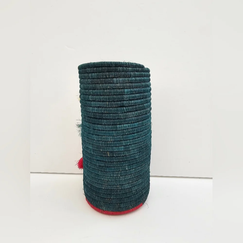 Handmade Rwandan Coiled Sisal Basket Vase Teal with Layered Tassels Boho Art